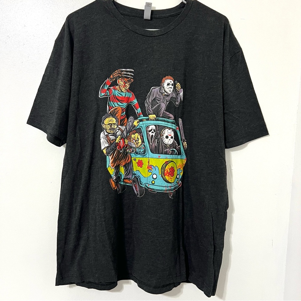 Dark Heather Gray Graphic T-Shirt with Classic Horror Characters